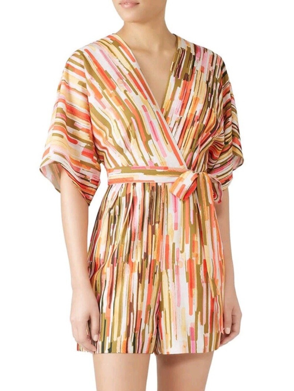 HUTCH ABSTRACT MULTI - COLOR FAUX WRAP ROMPER. SIZE LARGE PETITE